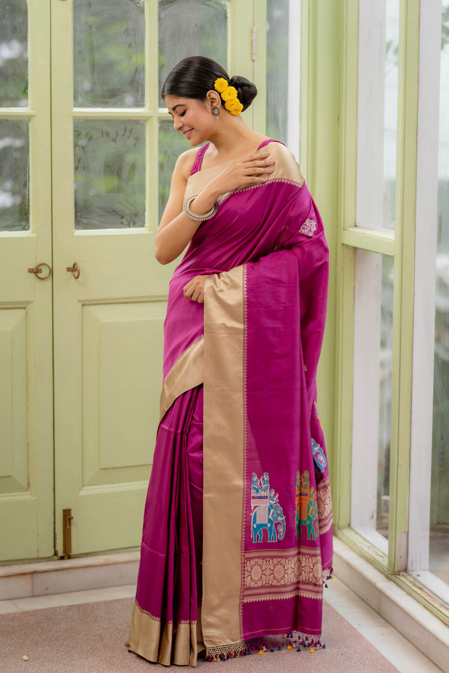 Lollipop Violet Hued Golden Wide Border Handwoven Silk Baluchari Saree