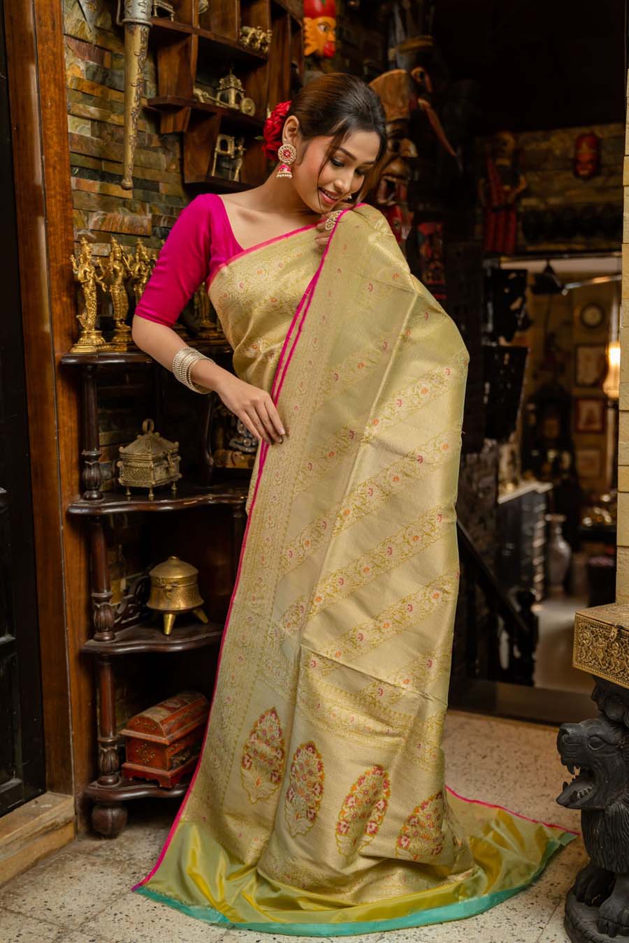 Creamy Gold Katan Silk Benarasi Saree with Soft Pink Thin Border