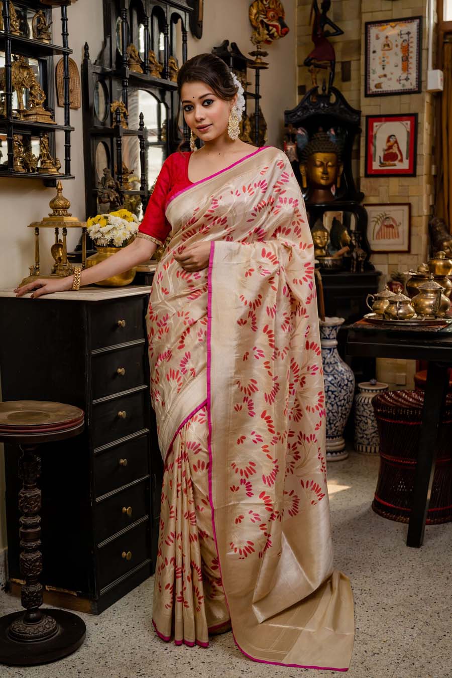 Red Fiery Design on Golden Canvas Katan Benarasi Saree