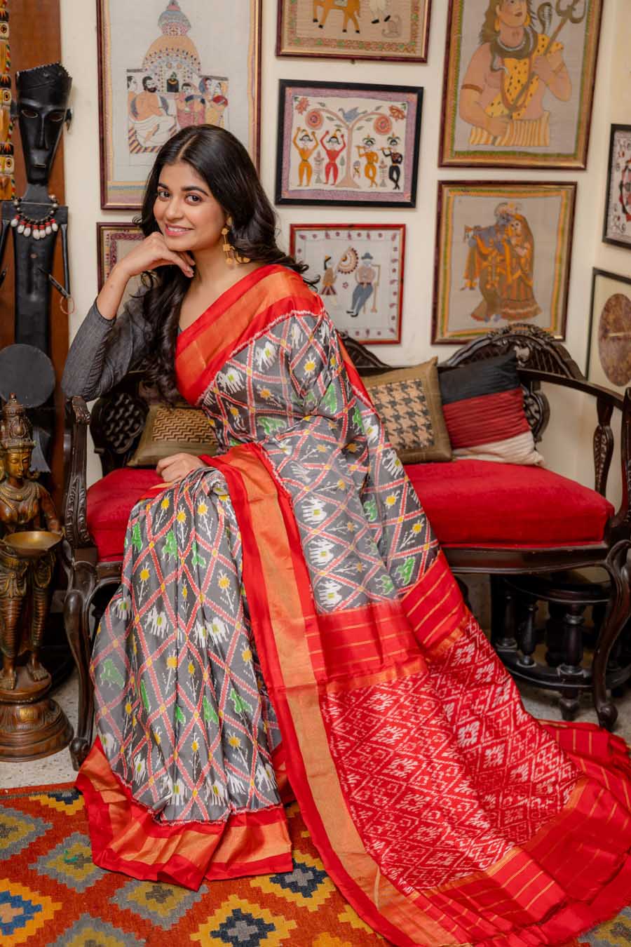 Geometric Vibes in Red and Grey Silk Pochampally Saree