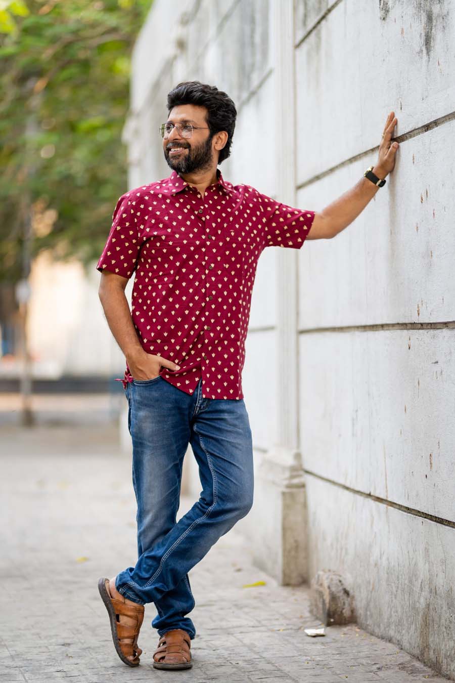 Burgundy Red Hued with White Polka Dot Handblock Print Cotton Shirt