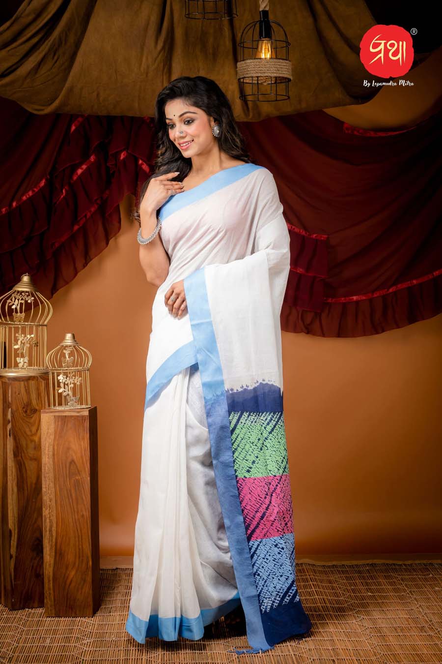 Multi-Colored Border on a Snow White Cotton Shibori Saree