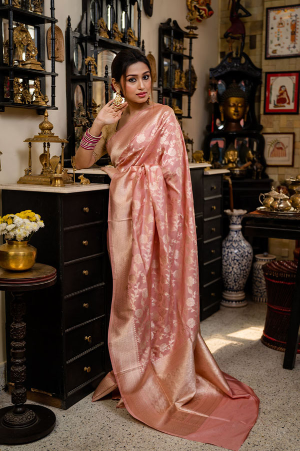 Skinny Pink Blossom Katan Silk Benarasi Saree