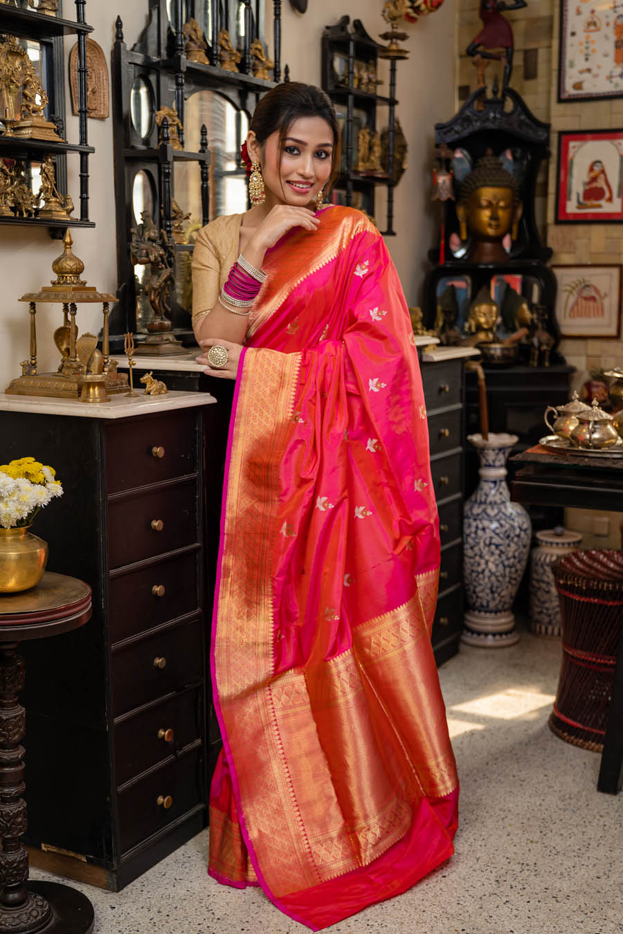 Pink Petal with Golden Dawn Katan Silk Benarasi Saree