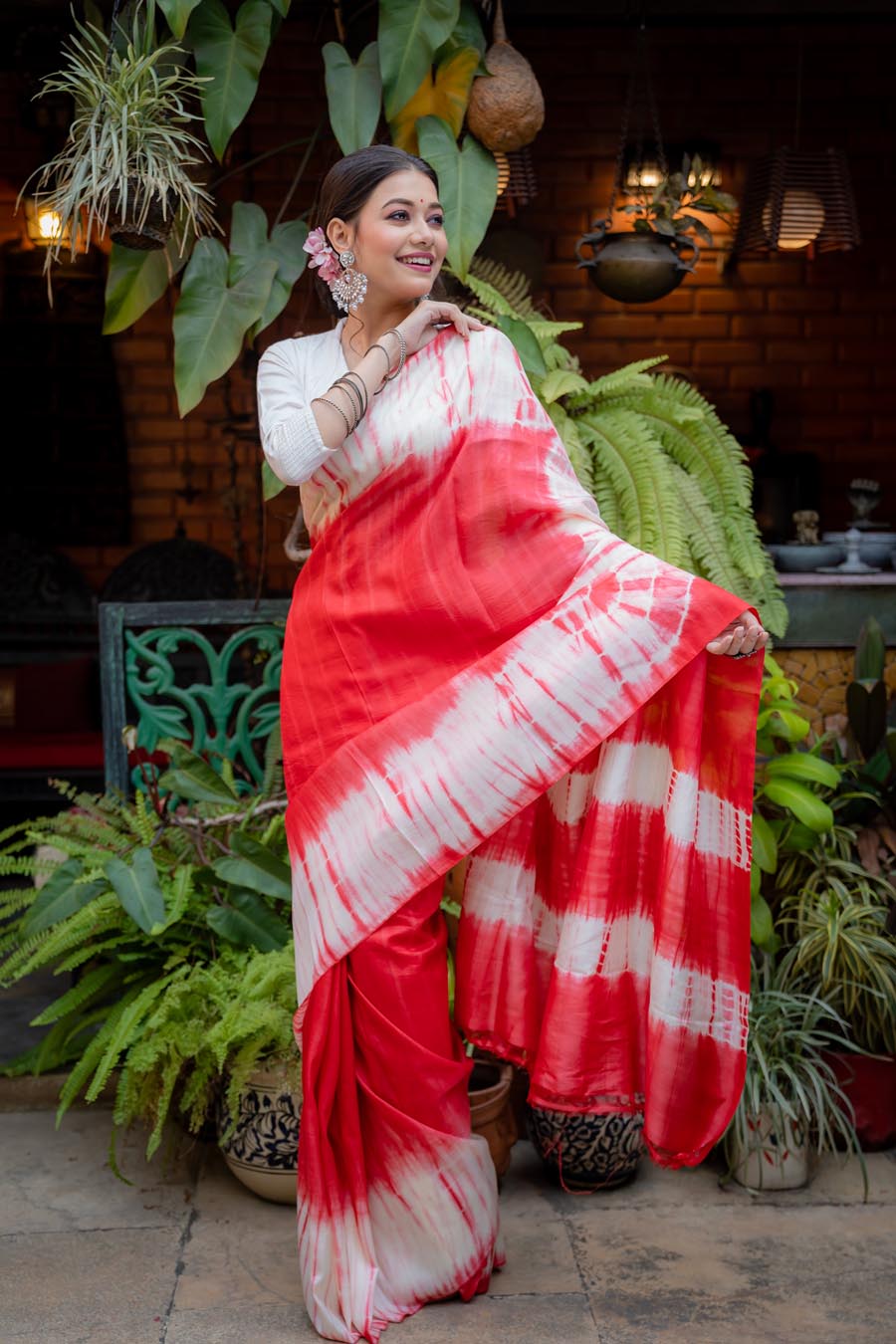 Fiery Red and Snow White Colored Silk Shibori Saree