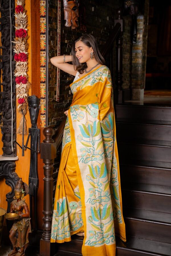 Turmeric Yellow with Multicolor Printed Handwoven Tussar Kantha Stitch Saree