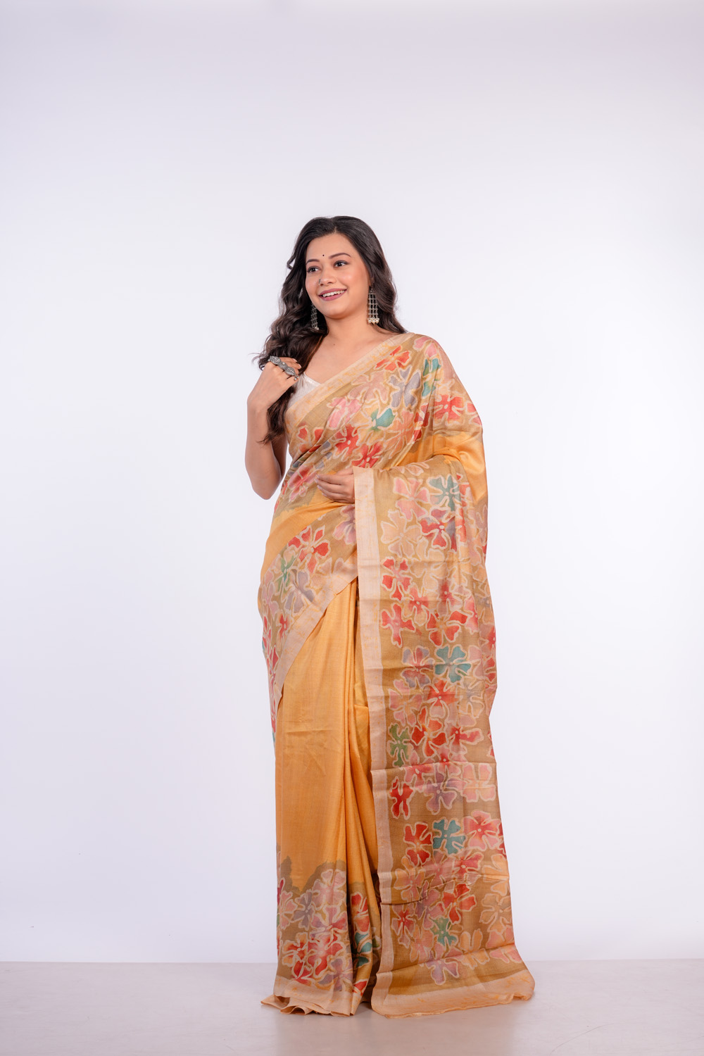 Sunset Radiance with Shades of Yellow and Orange Batik on Handwoven Tussar Saree