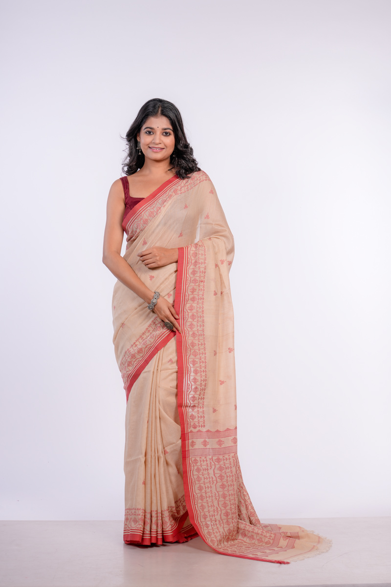 Clever Beige and Red Bordered Handwoven Cotton Tussar Jamdani Saree