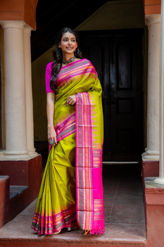 Green and Pink Perfection handwoven Silk Chettinad Saree