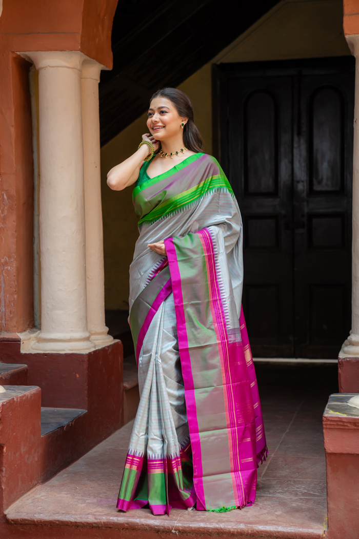 Blush and Charcoal Harmony Handwoven Silk Chettinad Saree