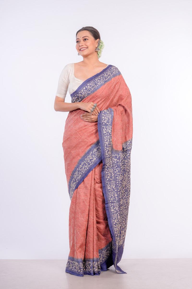 Floral Bliss Handwoven Tussar Kantha Stitch Saree