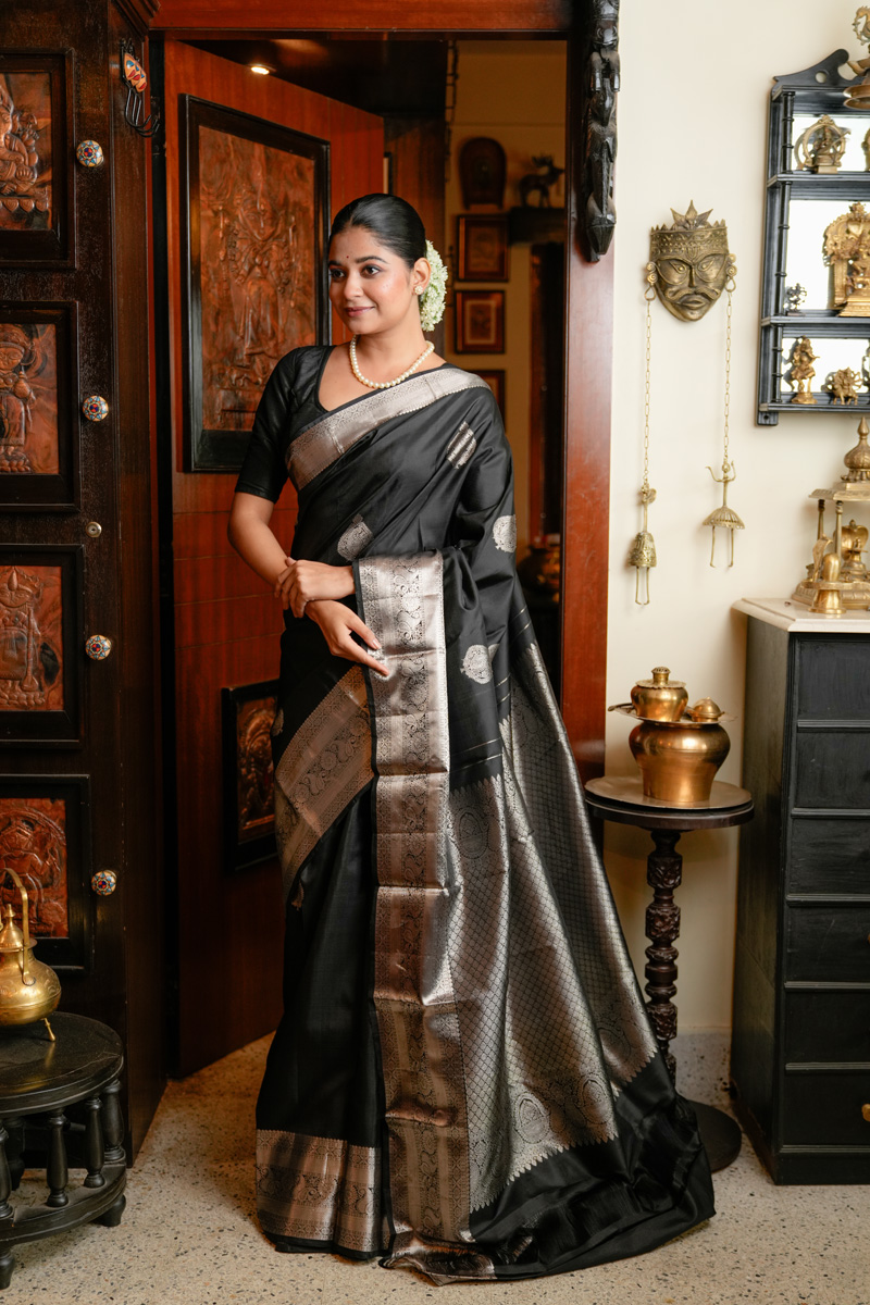 Silver Embroidery on Deep Black Silk handwoven Kanjivaram