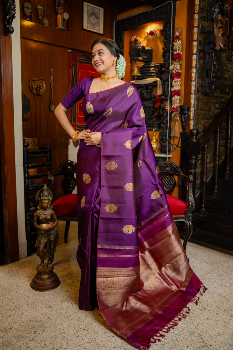 Golden Zari Embellished Purple Kanjivaram Handwoven Saree