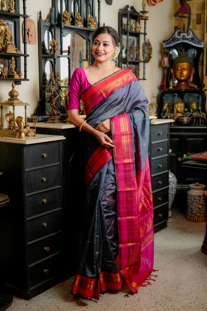 Soft Pink and Sophisticated Grey Handwoven Silk/Cotton Chettinad Saree