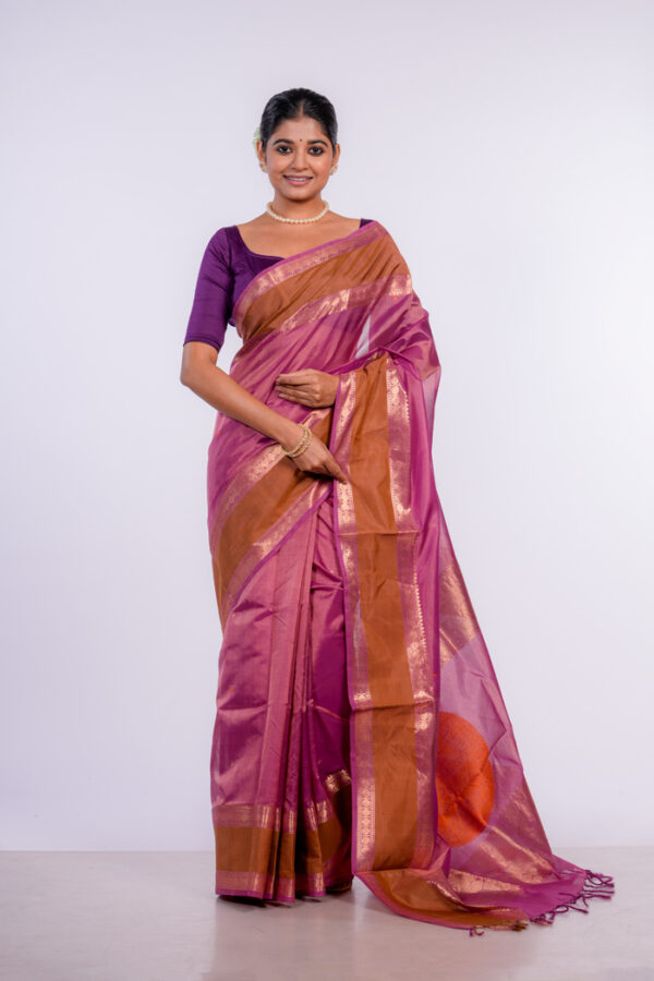 Radiant Elegance Purple and Orange Handwoven Silk/Cotton Chettinad Saree