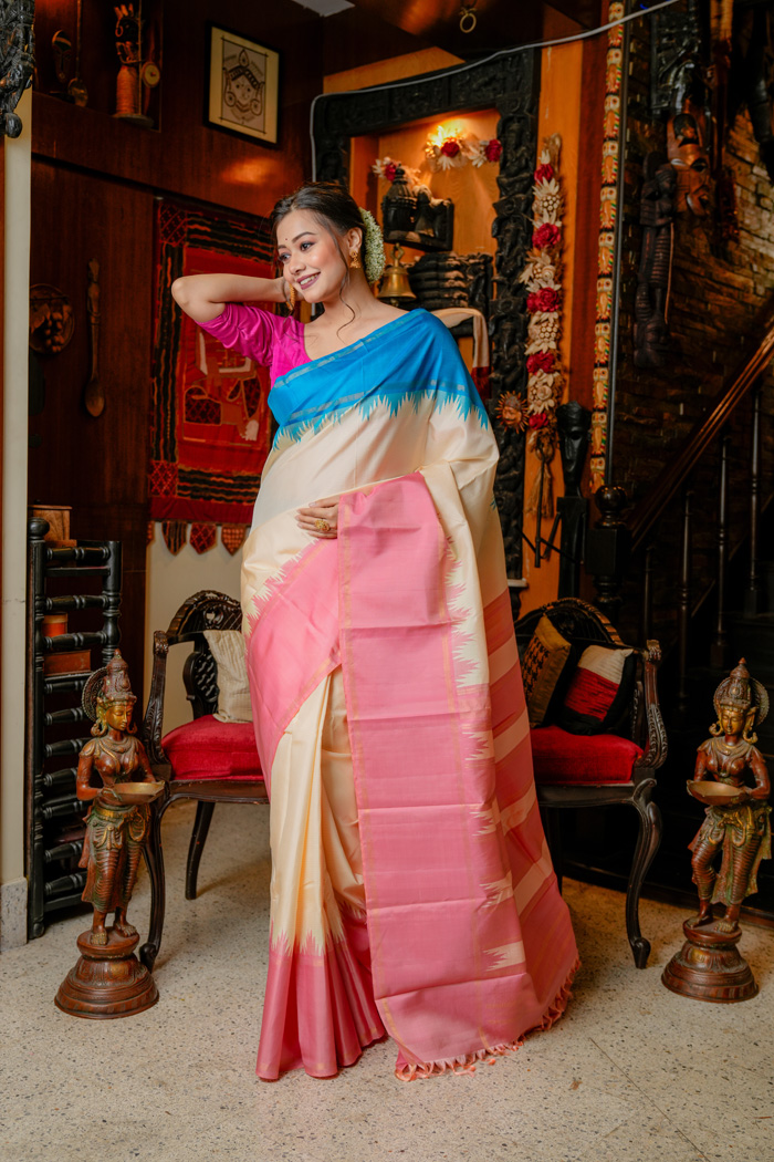 Celestial Pink and Blue Mirage Handwoven Silk Chettinad Saree