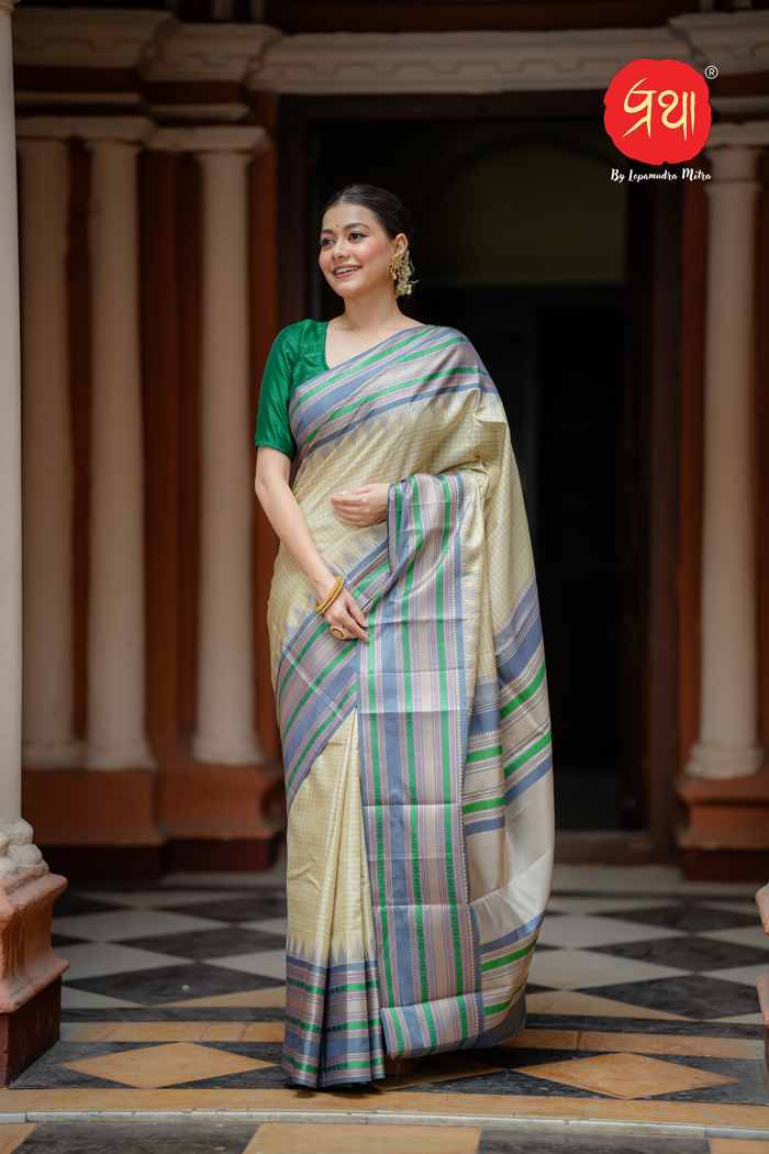 Floral Fantasy Green and White Ensembled Chettinad Saree