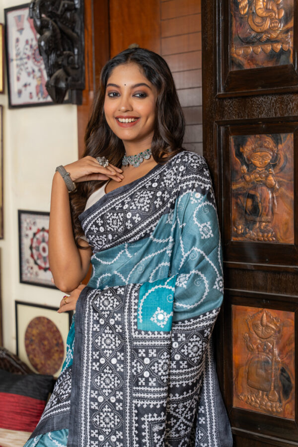Turquoise and Aqua Colored Gujrati Stitch on Handwoven Tussar  - Image 2