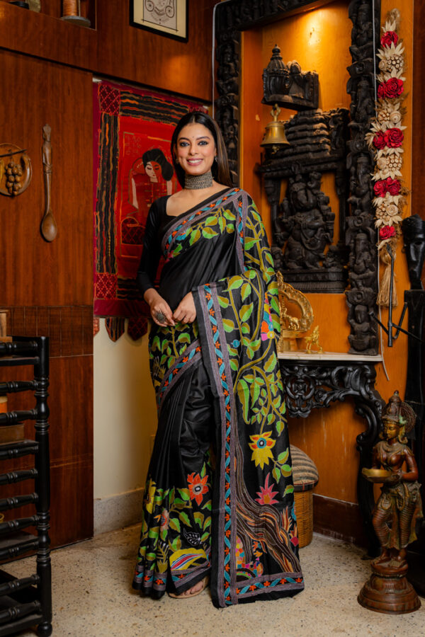Black Floral Hued Kantha Stitch on Handwoven Silk 