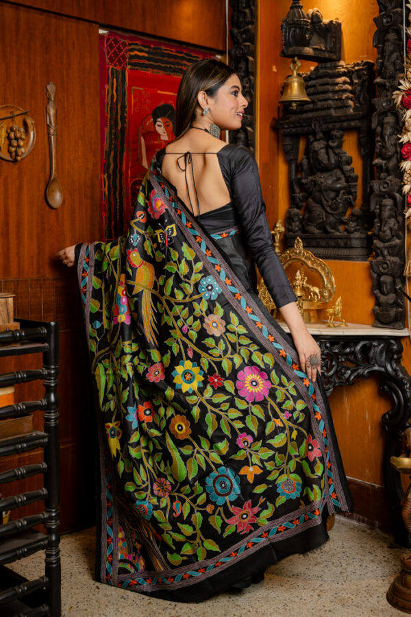 Black Floral Hued Kantha Stitch on Handwoven Silk  - Image 4