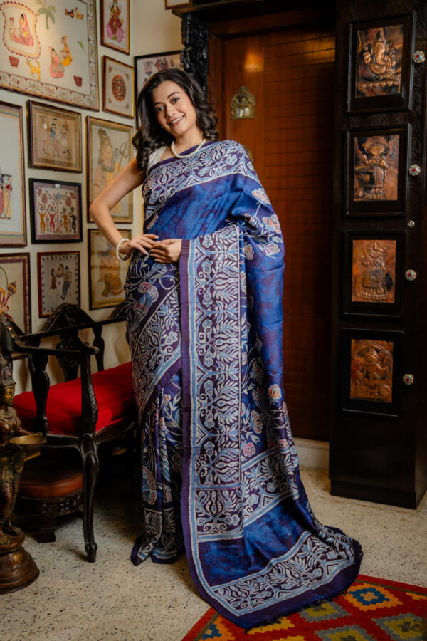 Cerulean Hued Hand Batik on Handwoven Silk
