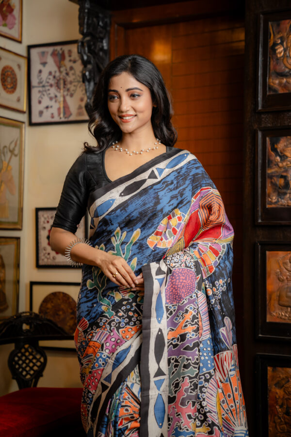 Multicolored and Floral Designed Hand Batik on Handwoven Silk - Image 2
