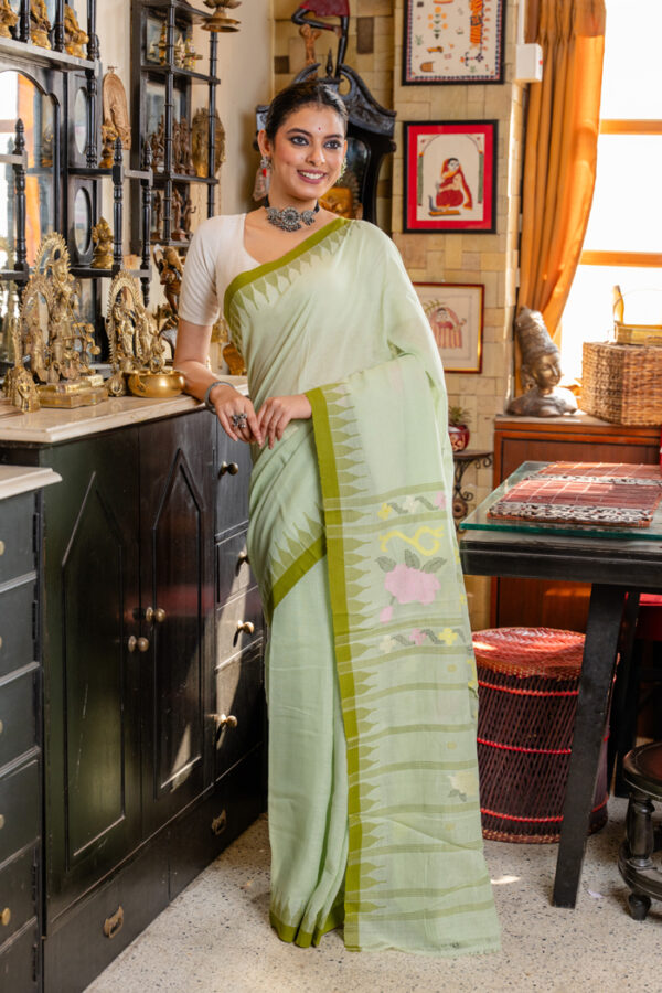 Light Green Colored and Mantis Bordered Handwoven Cotton Moirang Phee