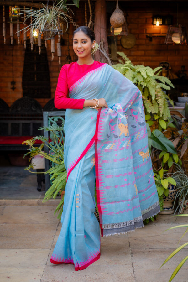 Capri Colored and Reddish Pink Bordered Handwoven Cotton Moirang Phee