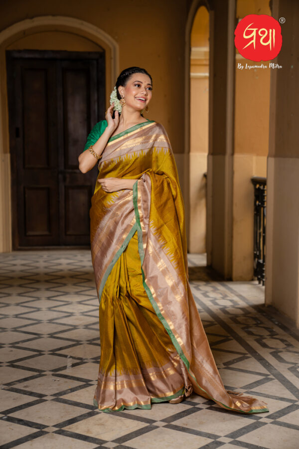 Golden Dark Orange Handwoven Hued Silk Gadwal Saree