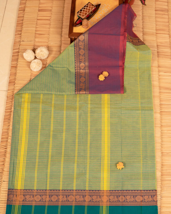 Mint Mirage with Plum-Teal Duo Border Cotton Chettinad - Image 3
