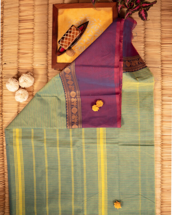 Mint Mirage with Plum-Teal Duo Border Cotton Chettinad - Image 4