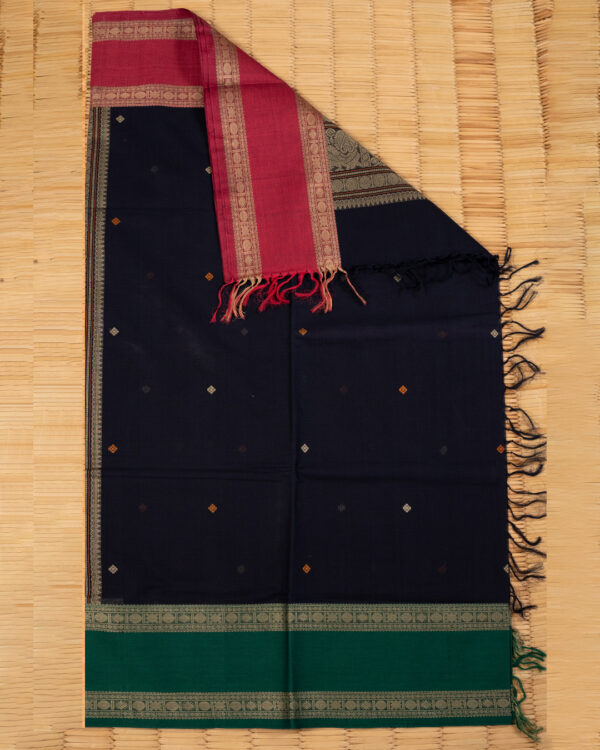 Midnight Blue Cotton Chettinad with Contrasting Borders - Image 2