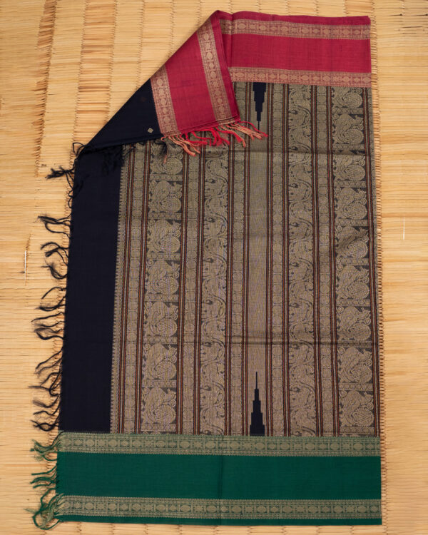 Midnight Blue Cotton Chettinad with Contrasting Borders - Image 3