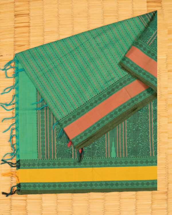 Bright Green Cotton with Rusty Border Cotton Chettinad - Image 3