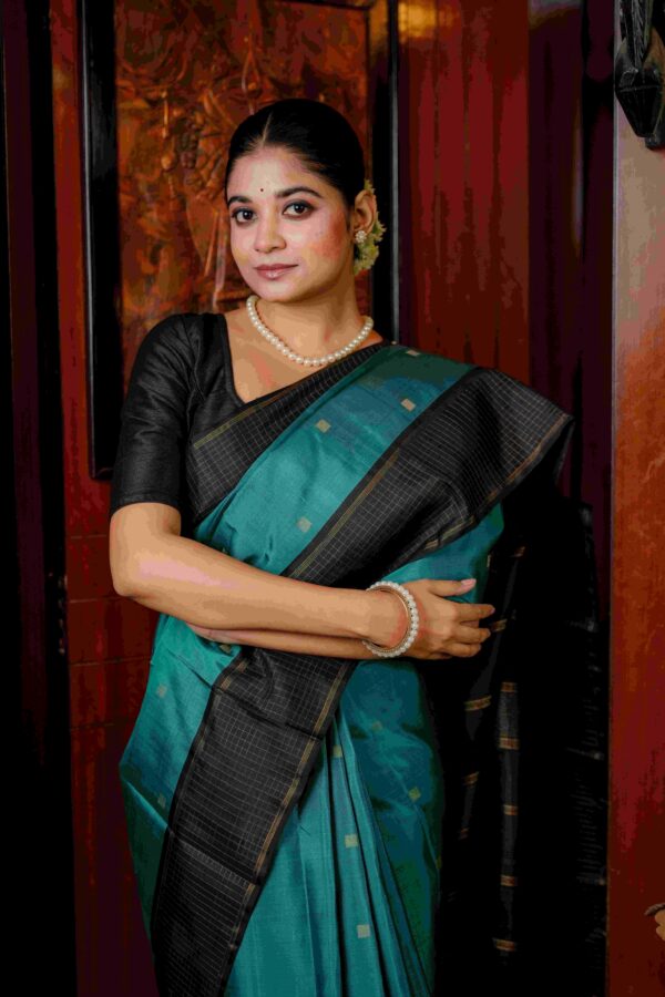 Teal Temptation with Charcoal-Gold Grandeur Handwoven Silk Chettinad - Image 2