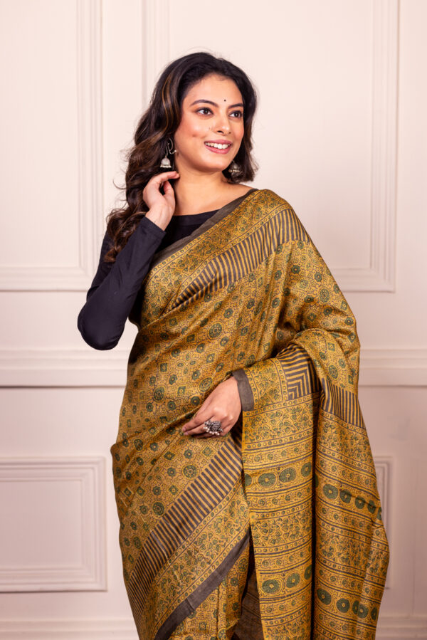 Antique Gold Elegance in Tussar Ajrakh - Image 2