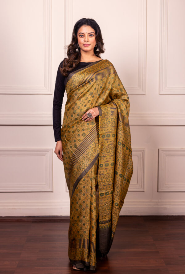 Antique Gold Elegance in Tussar Ajrakh