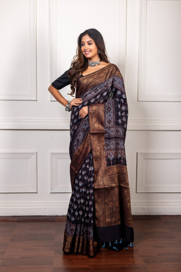 Midnight Rust Ajrakh Whispers on Silk Cotton Grace
