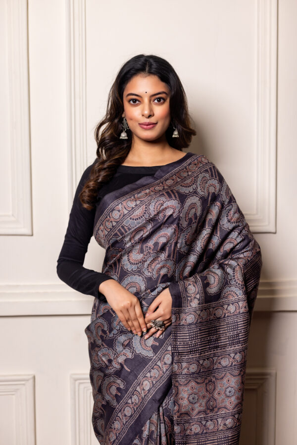 Smoky Charcoal Charm in Tussar Ajrakh - Image 2
