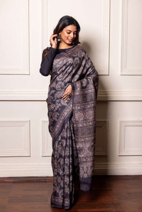 Smoky Charcoal Charm in Tussar Ajrakh
