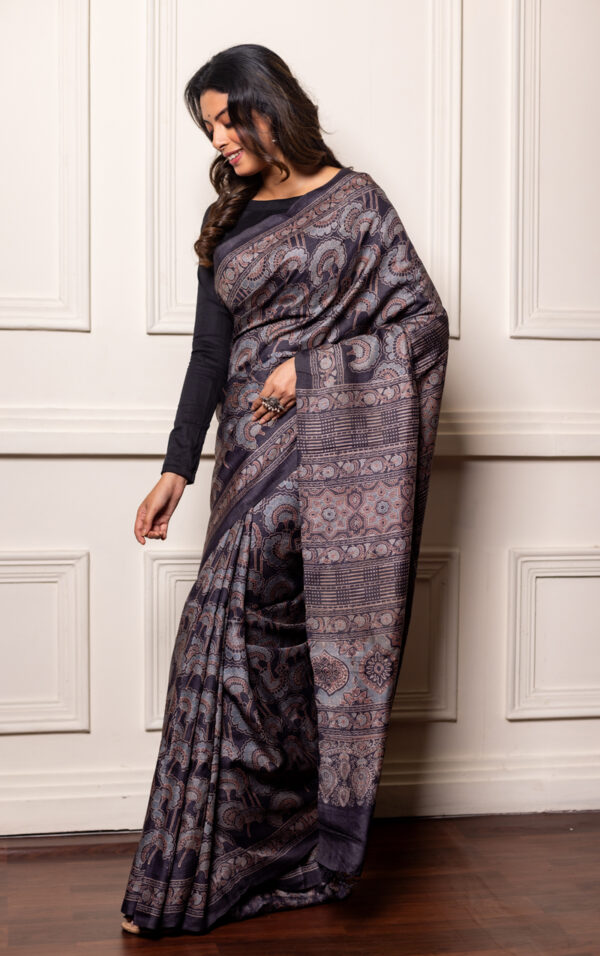 Smoky Charcoal Charm in Tussar Ajrakh - Image 3