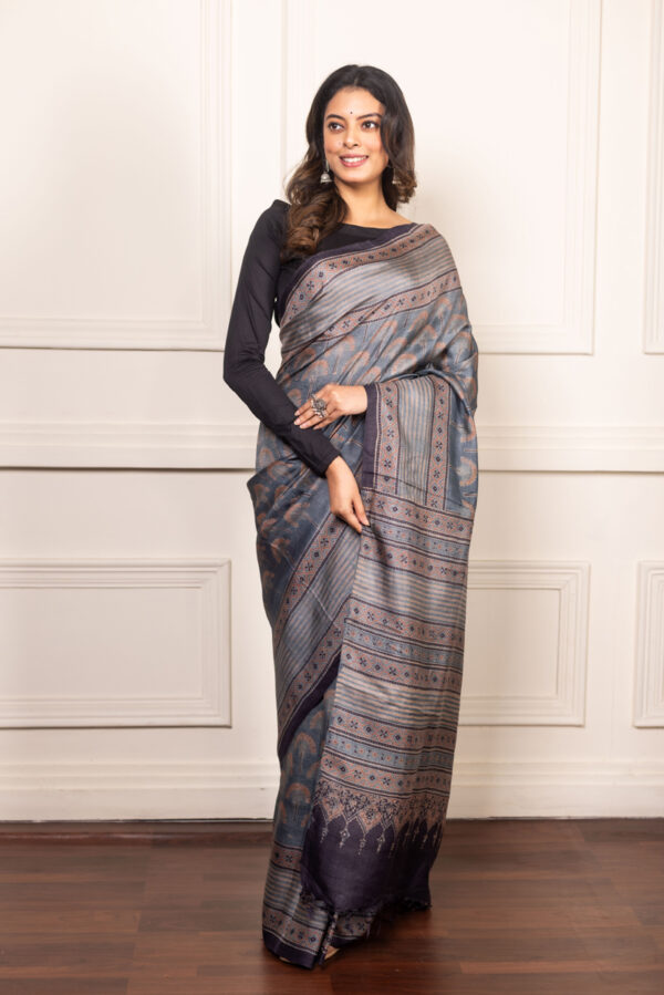 Steel Serenity: Ajrakh Artistry on Mist-Hued Tussar
