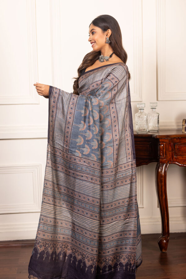 Steel Serenity: Ajrakh Artistry on Mist-Hued Tussar - Image 3