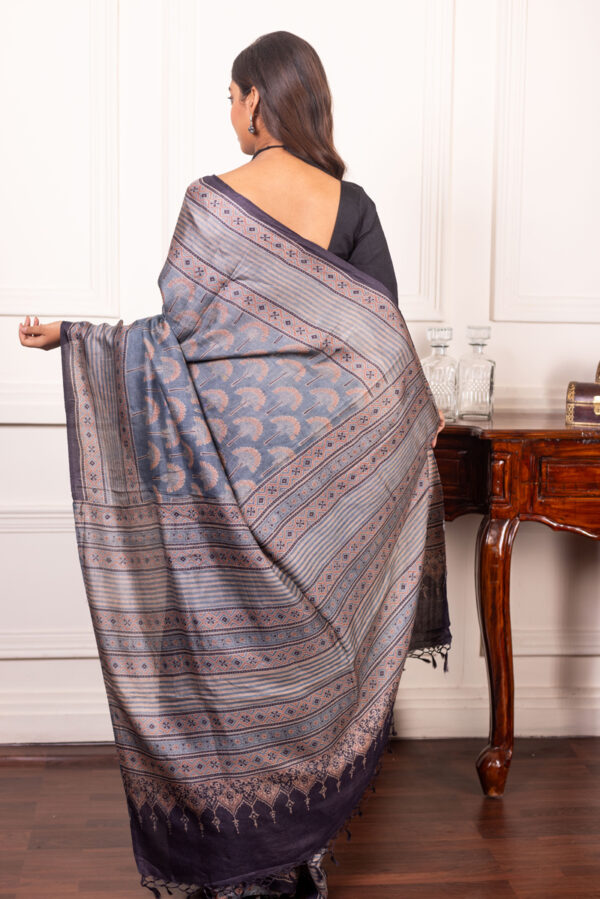 Steel Serenity: Ajrakh Artistry on Mist-Hued Tussar - Image 4
