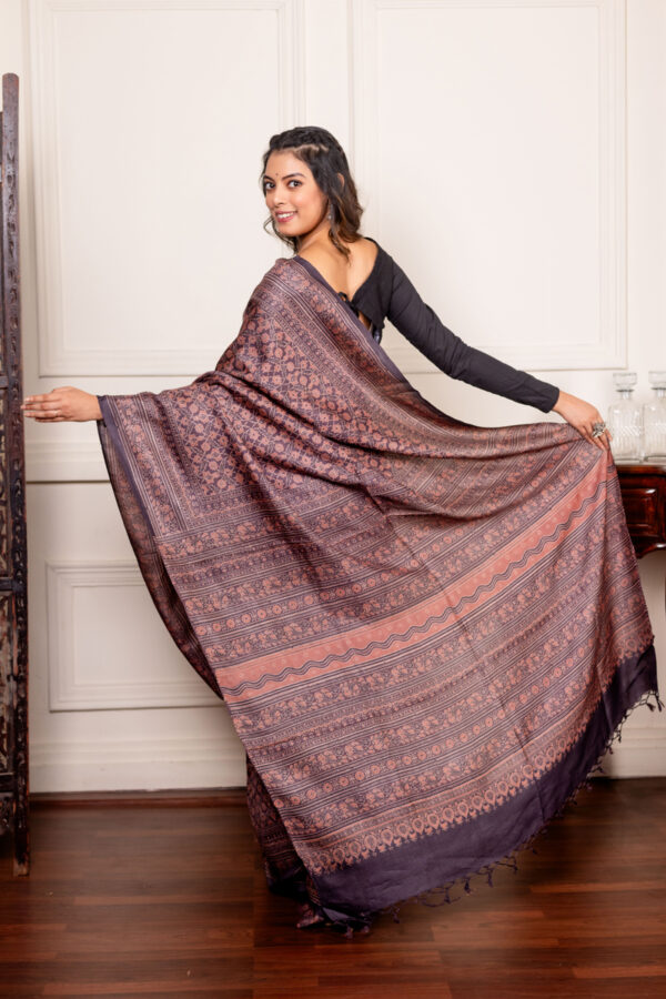 Rich Earth and Intricate Patterns on The Tussar Ajrakh Charm - Image 4