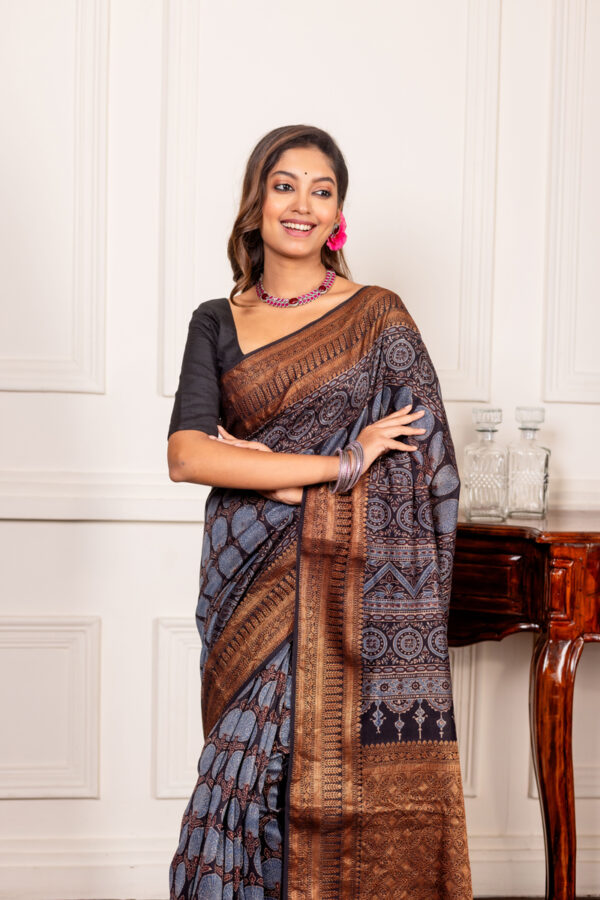 Slate Blue and Bronze Ajrakh on Silk Cotton - Image 2