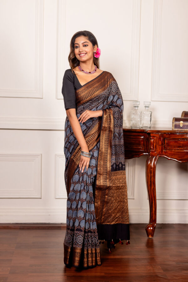 Slate Blue and Bronze Ajrakh on Silk Cotton