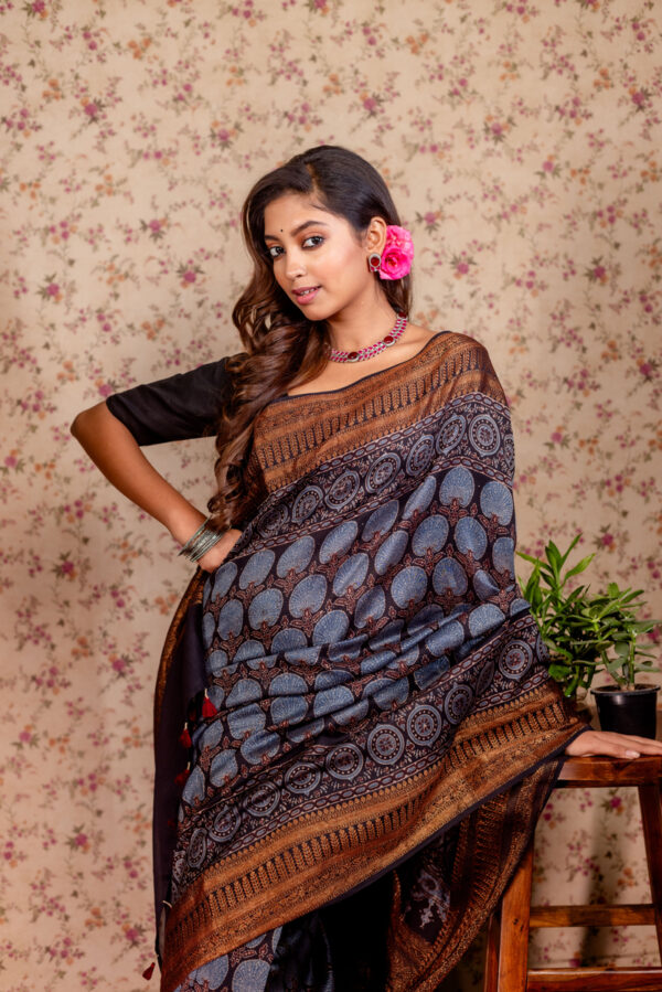 Slate Blue and Bronze Ajrakh on Silk Cotton - Image 3