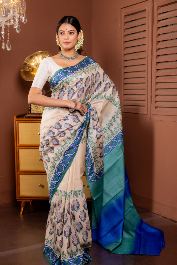 Dewdrop Design: Off-White Tussar with Blue-Green Block Prints