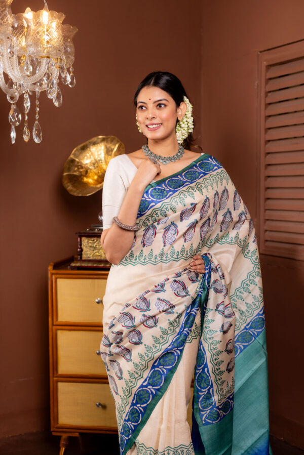 Dewdrop Design: Off-White Tussar with Blue-Green Block Prints - Image 2